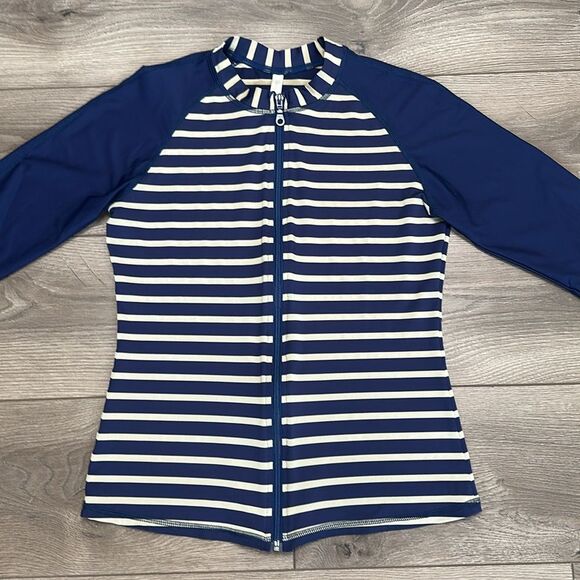 Helen Jon Rash Guard Full Zip Long‎ Sleeve Blue Stripe Swim Surf Top Size Large - Picture 2 of 8